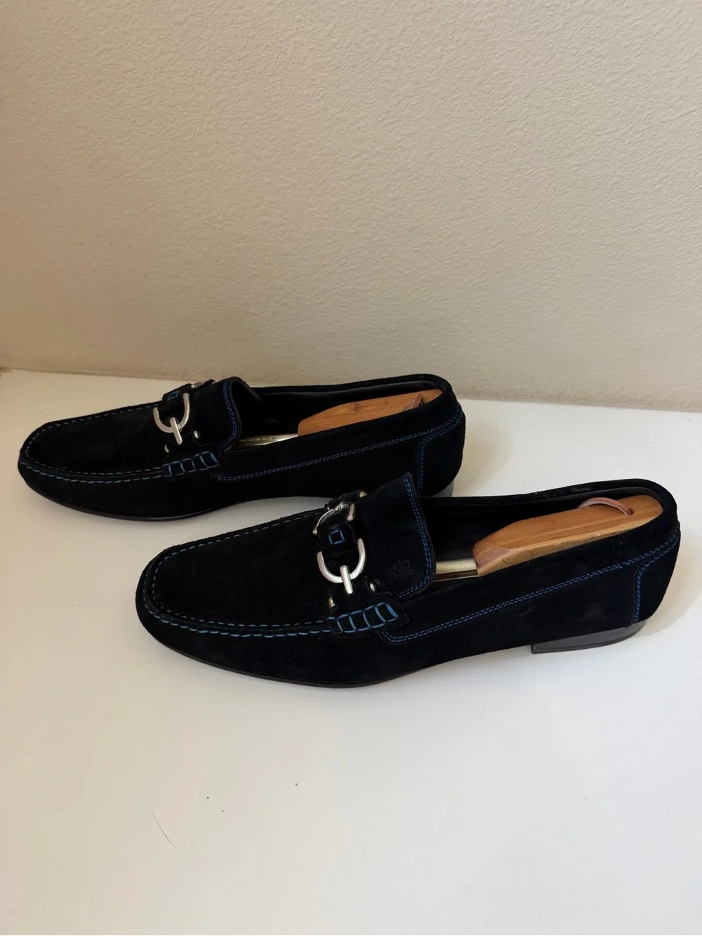 Men's Donald Pliner Black Suede Bit Loafers with Blue Stitching